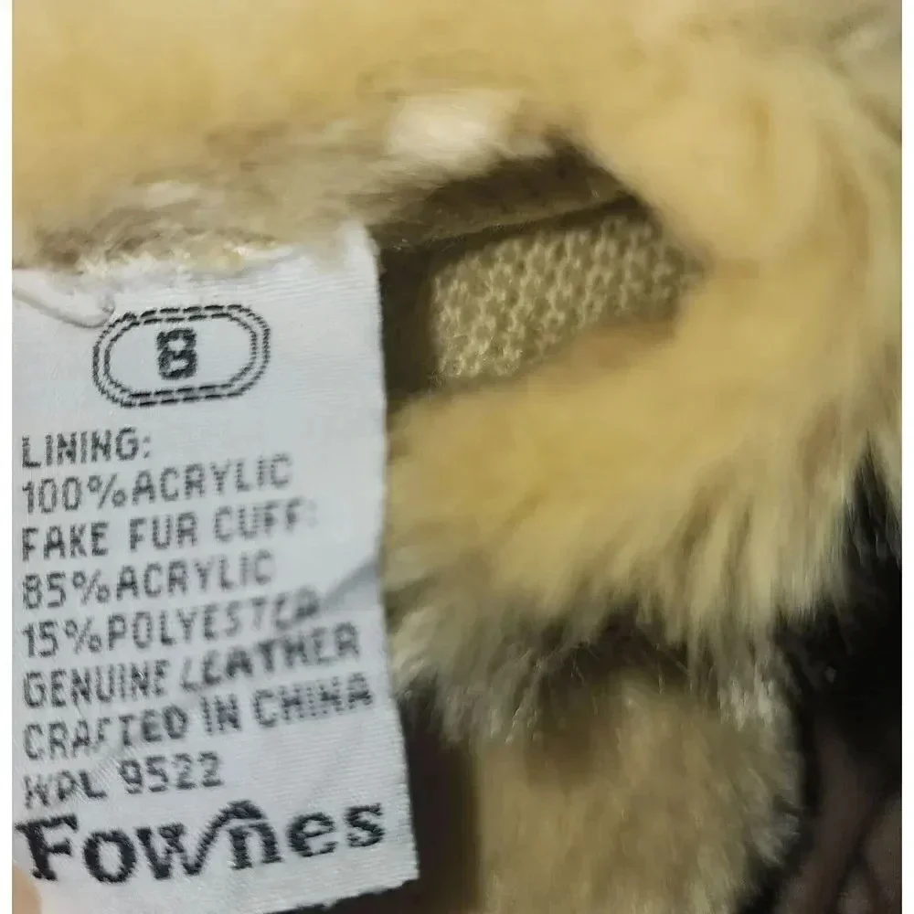 New Fownes Women Gray Genuine Leather  Fur Cuff Driving Winter Warm Glove Size 8